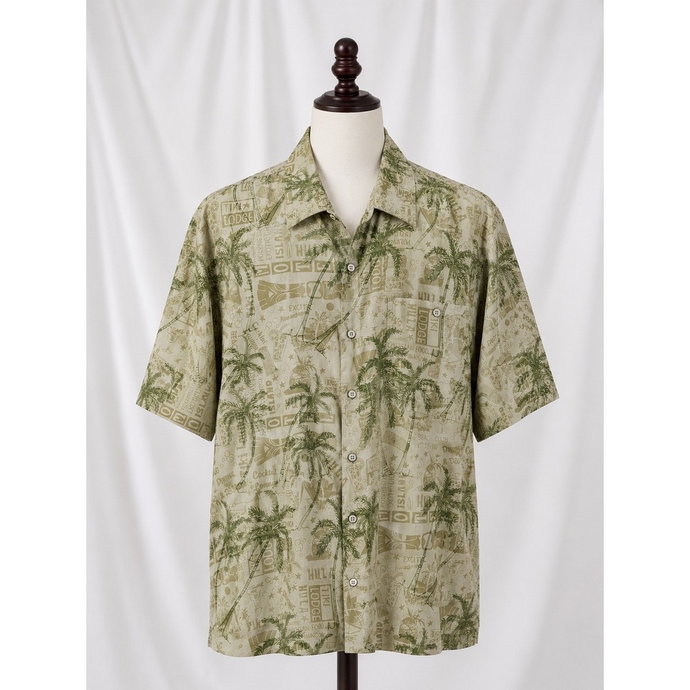 Hilo Hattie Hawaiian 100% Silk Shirt Mens XL Green Tiki Lodge Palm Tree